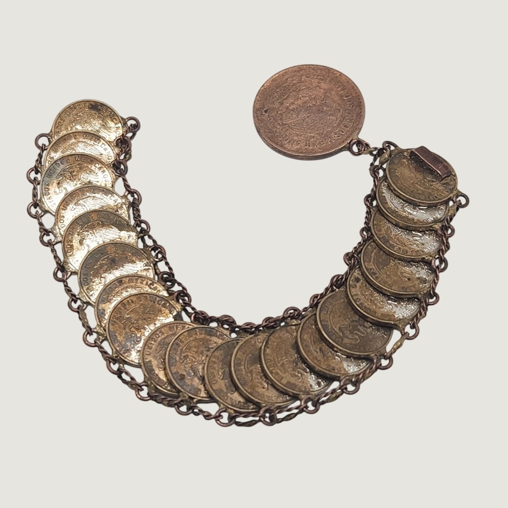 Vintage 1950s Mexico Coin Bracelet Estados Unidos Mexicanos Cinco Centavos 6in